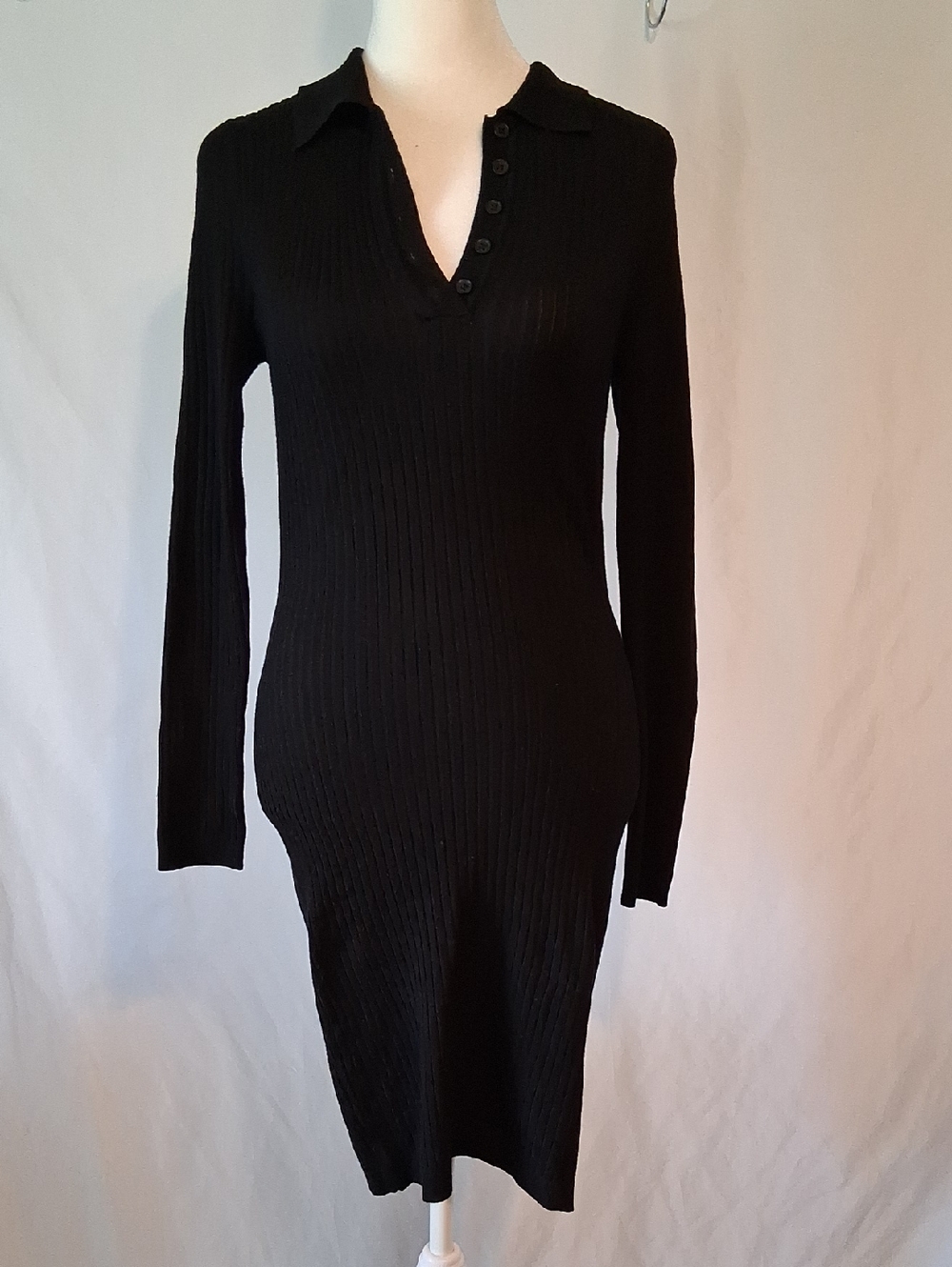 Slim Ribbed Black Long-Sleeve Polo Dress